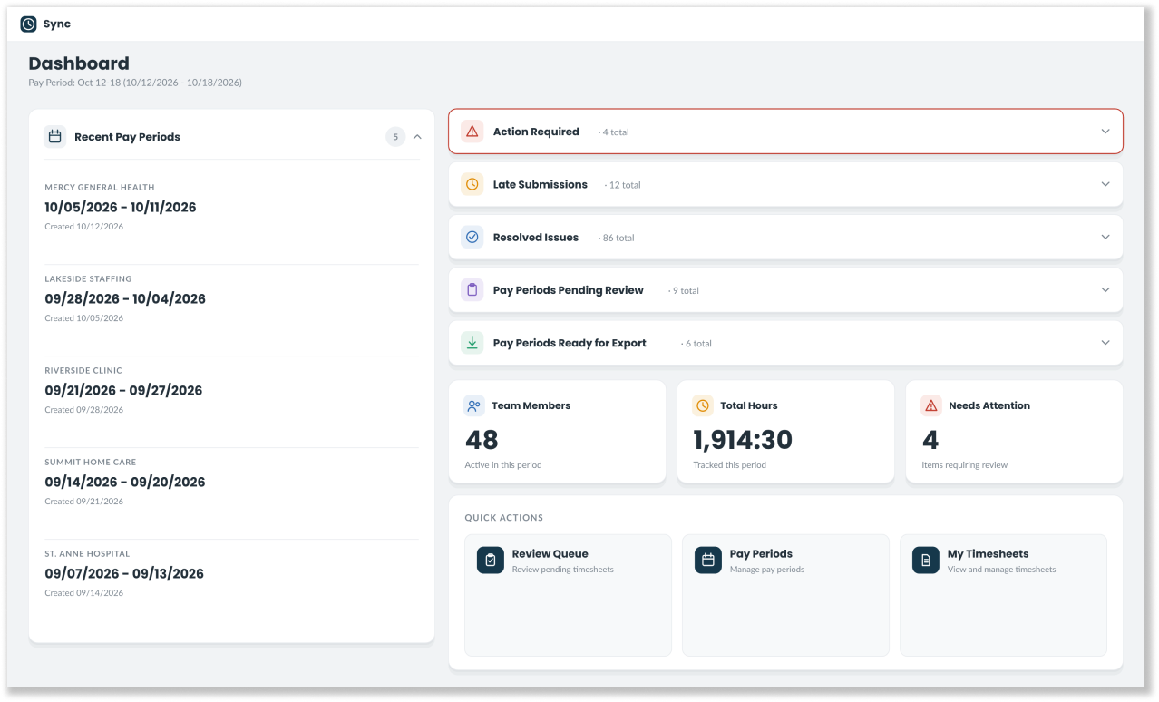 Sync dashboard listing recent pay periods, submission statuses, and quick actions.