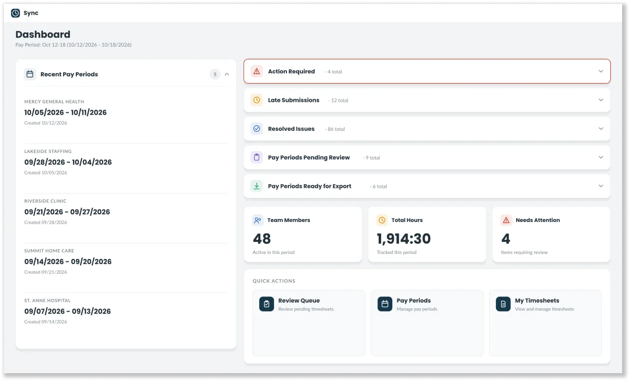Sync dashboard listing recent pay periods, submission statuses, and quick actions.