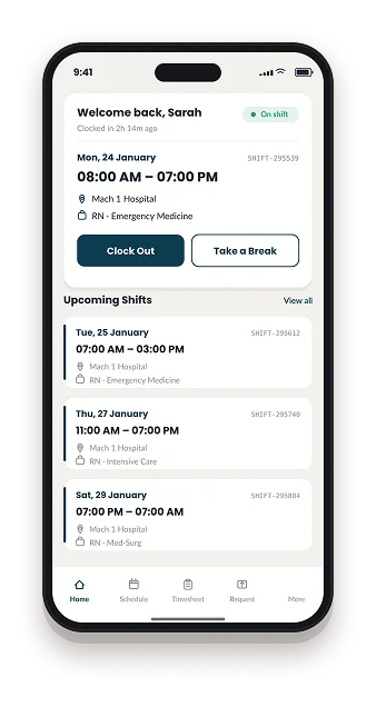 Worker mobile app home screen showing the current shift with clock-out and break controls, plus a list of upcoming shifts.